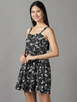 Women's Black Printed Fit and Flare Dress-AE-15733-Black