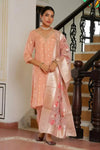 Vaasva Women Peach Tissue Brocade Embroidered Kurta With Scalloped Pant & Dupatta-129-Vaas-Peach