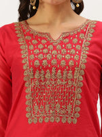 Women's Red Embellished Straight Kurta-GC-1001-Red