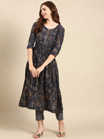 Women's Navy Blue Printed Kurta Set-SKC-944-Navyblue