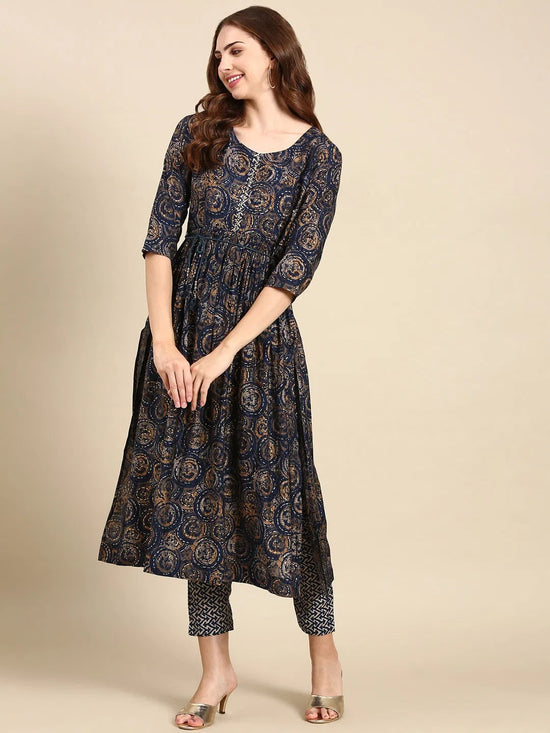 Women's Navy Blue Printed Kurta Set-SKC-944-Navyblue