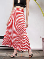 Women Red & White Satin Striped Accordion Pleated Maxi Skirt