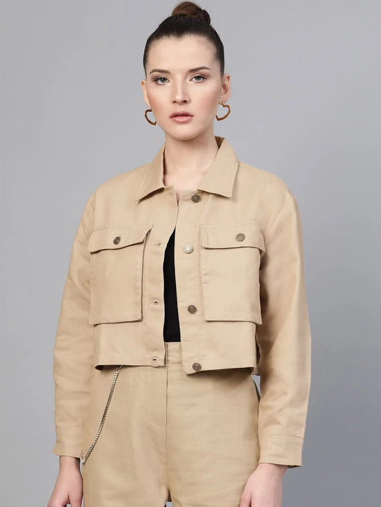 Women Solid Standard Beige Jacket