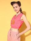 Women Neon Pink V Neck Crop Vest