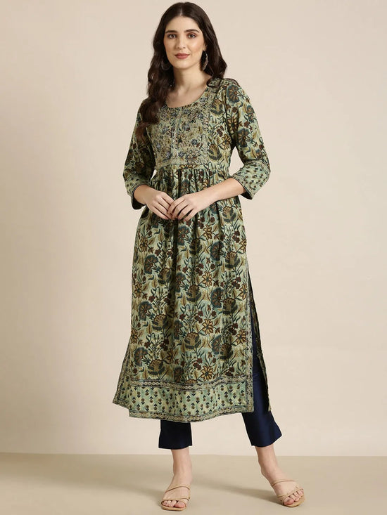 Women Teal Floral A-Line Kurta-RF-2040-Teal