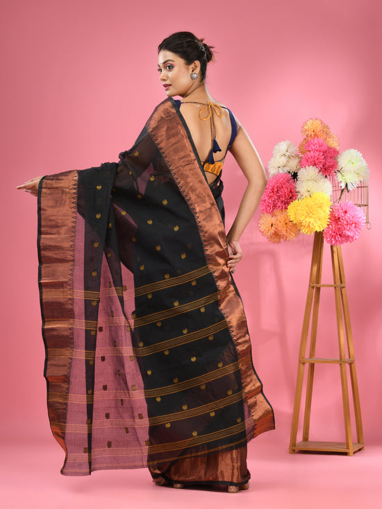 Black Pure Cotton Tant Saree With Zari Border-MA51TT43540046