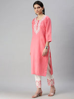 Women's Peach Embroidered Kurta Sets-AB2254-Peach