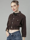 Women Coffee Brown Solid Denim Jacket-GZ-5580-Coffeebrown