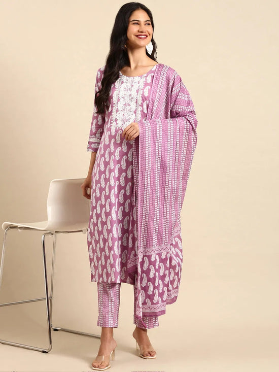 Women's Lavender Printed Kurta Set-AT-A577-Lavender