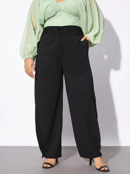 Women Black Hem Button Detail Straight Pants