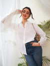 Women White Poplin Lantern Sleeves Shirt