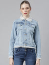 Women Blue Solid Denim Jacket-GZ-5533-Blue