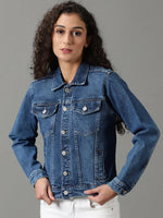 Women's Navy Blue Solid Denim Jacket-GZ-5502-Navyblue