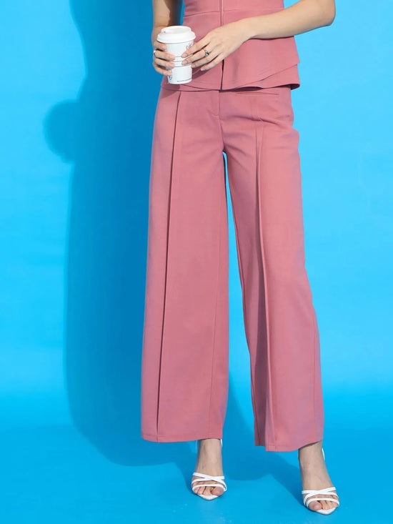 Women Peach Front Pleated Straight Fit Trousers