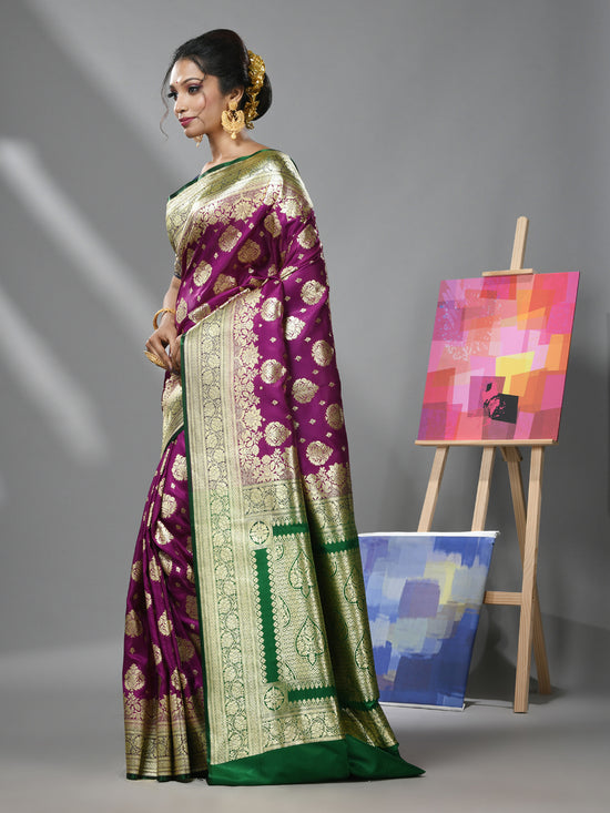 Violet Silk Banarasi Saree With Damask Motifs And Woven Degins-MA52BSL441050093