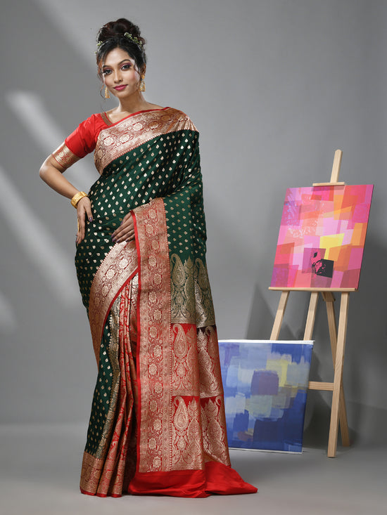 Green And Red Katan Silk Banarasi Patli Pallu Saree With Ethnic Motifs And Zari Woven Designs-MA52KA441380060