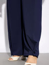 Women Navy Hem Button Detail Straight Pants