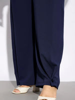 Women Navy Hem Button Detail Straight Pants