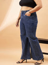 Women Blue Acid Wash Knee Slash Straight Jeans