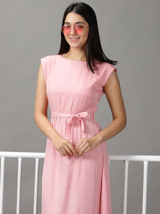 Women's Pink Solid Fit and Flare Dress-AE-15689-Pink