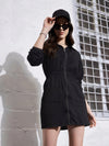 Women Black Twill Zipper Detail Mini Dress