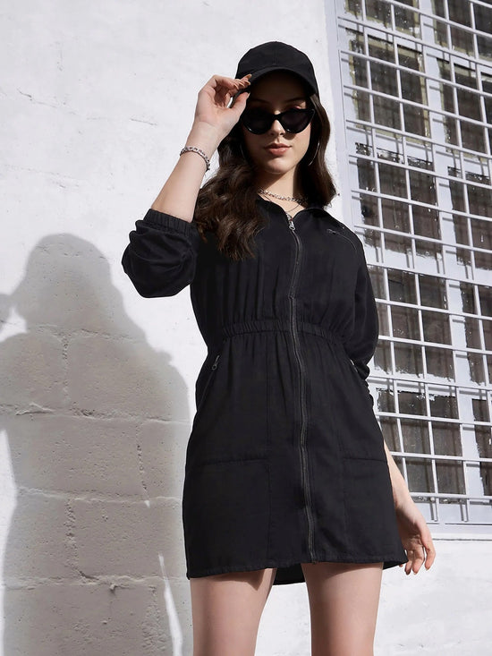 Women Black Twill Zipper Detail Mini Dress