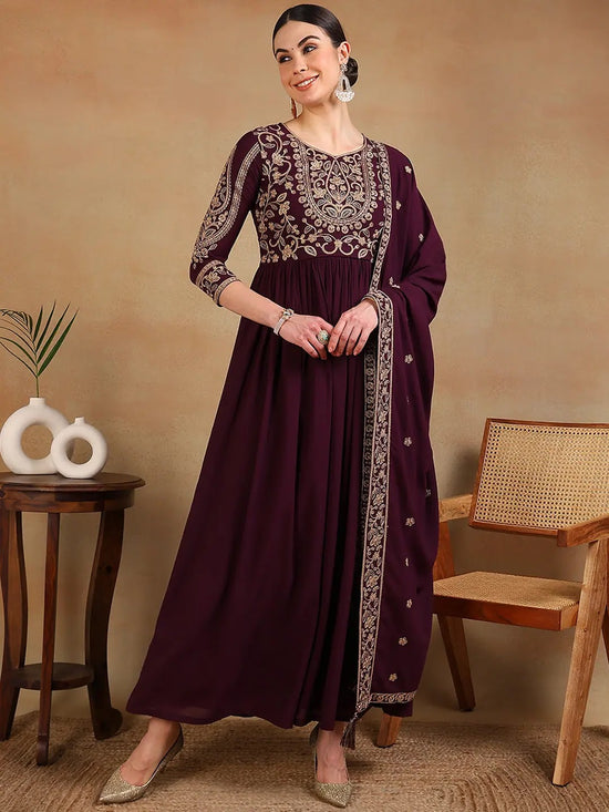 Ahika Women Maroon Georgette Embroidered Anarkali Kurta Dupatta Set