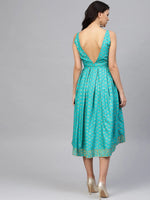 Deep back box pleated Midi Printed Dress in Mint Blue