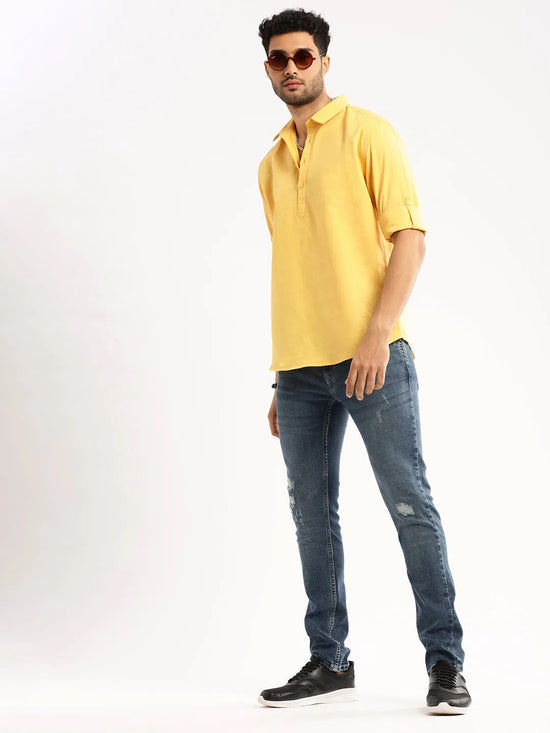 Men Yellow Solid Shirt Collar Casual Short Kurta-LAGOM-2022-Yellow