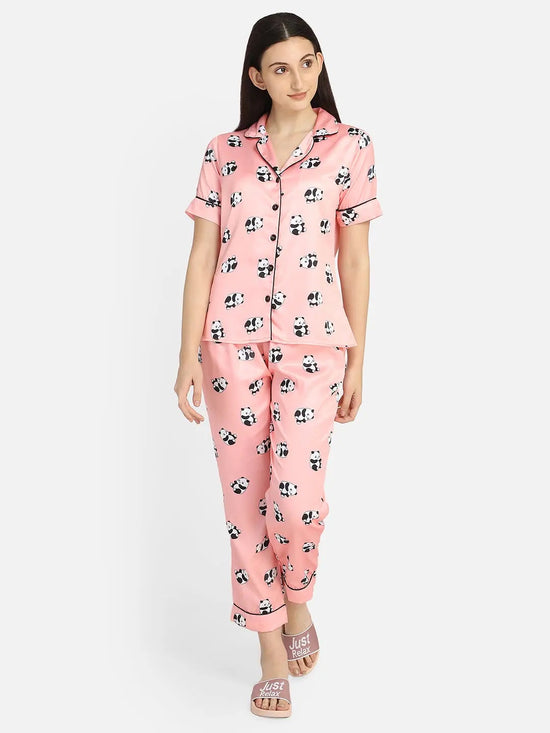 Smarty Pants Women's Silk Satin Pink Color Panda Print Lapel Collar Night Suit