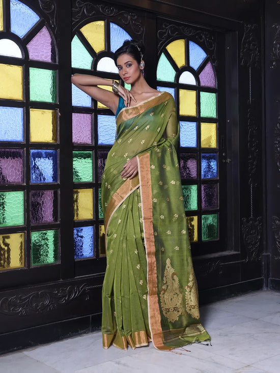 Mahendi Green Cotton Saree With Zari Borders-MA64BCT401190045