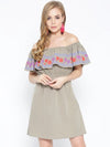 Off shoulder mini dress with print on the frill in Taupe Color