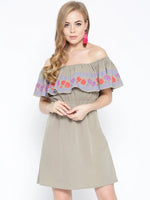 Off shoulder mini dress with print on the frill in Taupe Color