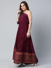 Ahalyaa Women Burgundy & Gold Toned Ethnic Motifs One Shoulder Ethnic Maxi Dress