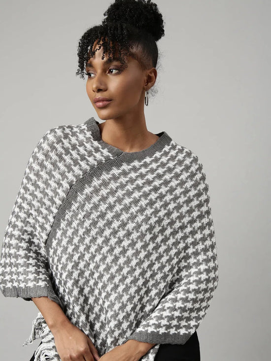 Women Geometric Grey Longline Poncho-CHN-9971-Grey