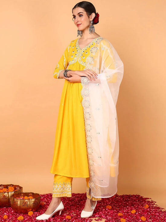 Ahika Women Yellow Silk Blend Embroidered Anarkali Kurta Pant Set With Dupatta-PKSKD2117_XS