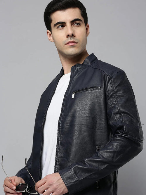 Men Navy Solid Leather Jacket-635-Navyblue