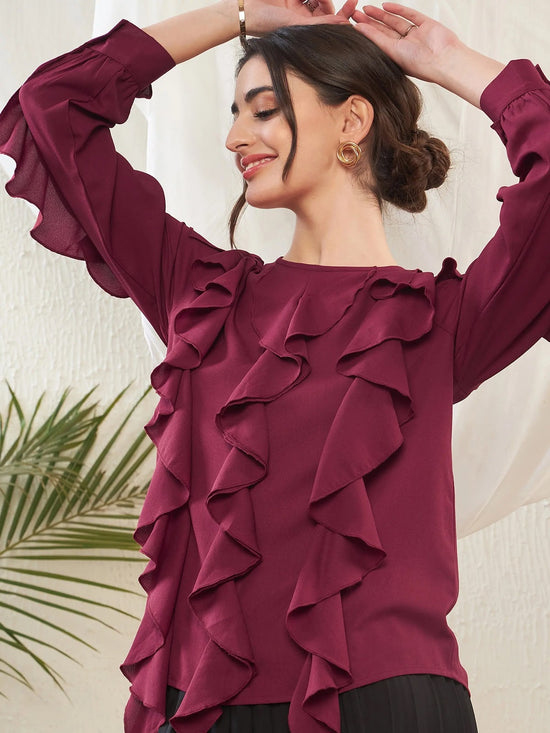 Women Maroon Full Sleeves Ruffle Top