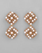 Gold Plated Pearl And Gold Stone  Drop Stud Earrings-VOJ355