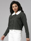 Women Olive Solid Denim Jacket-LT-205556-Olive