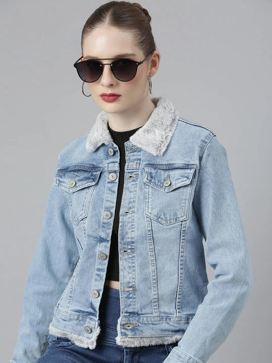 Women Blue Solid Denim Jacket-GZ-5533-Blue