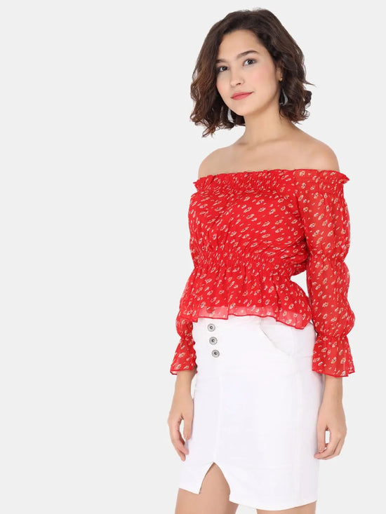 Red Off Shoulder Floral Smocking Top