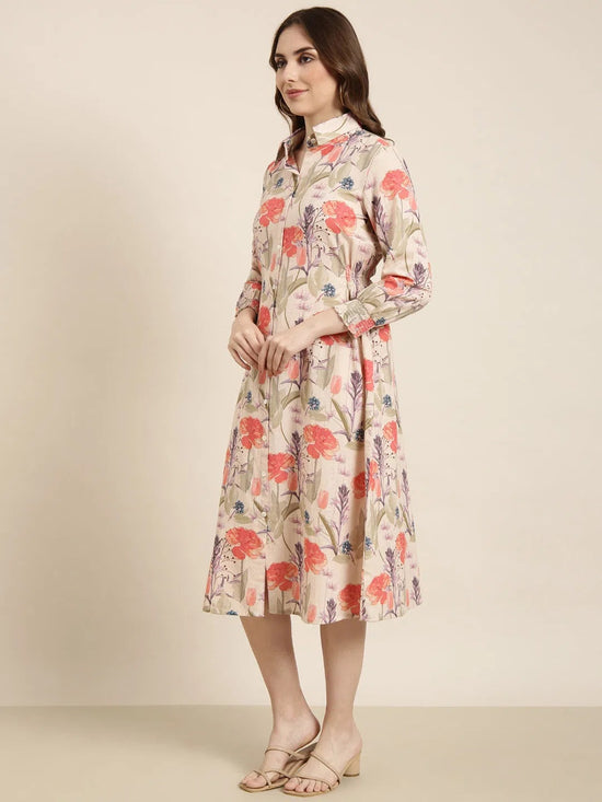 Women Beige Floral Shirt Dress-DW-5658-Beige