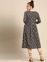 front tucks with flare midi dress in Grey Print