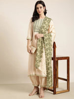 Women Straight Beige Solid Kurta and Patiala Set Comes With Dupatta-GW-713-Beige