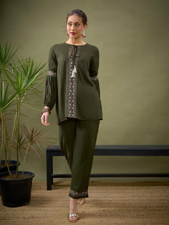 Women Olive Front Embroidered Shirt With Palazzos