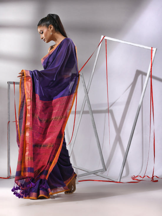 Blue Cotton Saree With Stripes Zari Pallu-MA55CT06520099