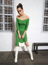 Women Green Rib Off-Shoulder Bodycon Dress