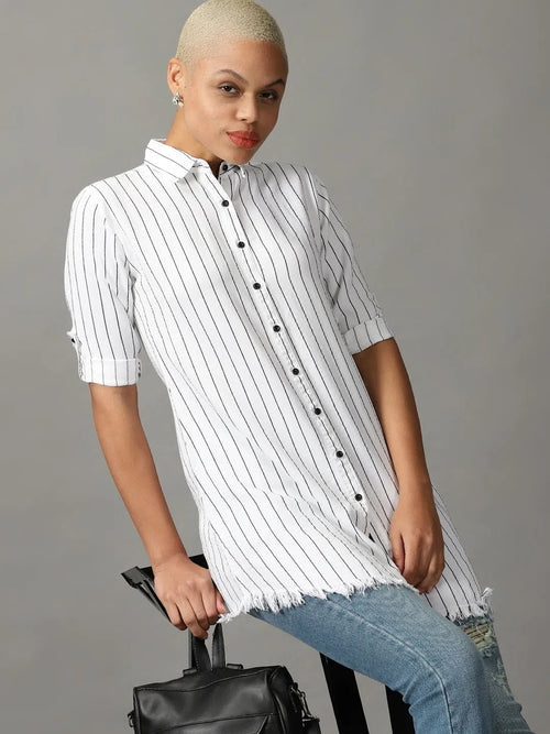 Women's White Striped Longline Shirt-AE-4149-White