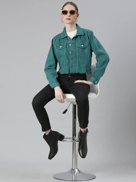 Women Teal Solid Denim Jacket-GZ-5599-Teal